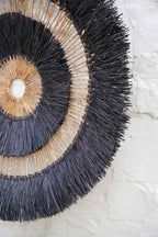 Wanddecoratie bananenblad Maurea boho zwart – Ø 110 cm, handgevlochten, rond