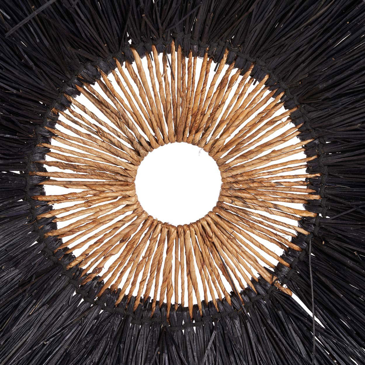 Wanddecoratie bananenblad Maurea boho zwart – Ø 110 cm, handgevlochten, rond