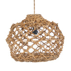 Naturel hanglamp van geweven bananenblad met open knoopwerk en zichtbare zwarte fitting