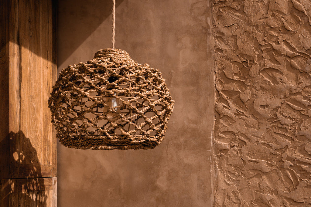 Hanglamp bananenblad handgemaakt naturel L – Ø 45 x 35 cm, voor woonkamer, slaapkamer of overdekt terras