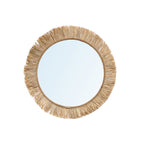 Ronde spiegel met brede franjerand van naturel raffia en een gedraaid koord rond het glas