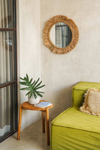 Spiegel rond raffia Tahiti naturel Ø 60 cm, handgemaakt met franjerand voor woonkamer, hal of slaapkamer