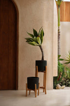 Plantenstandaard teakhout met pot terracotta, zwart naturel, 30 x 30 x 68 cm, voor droogbloemen