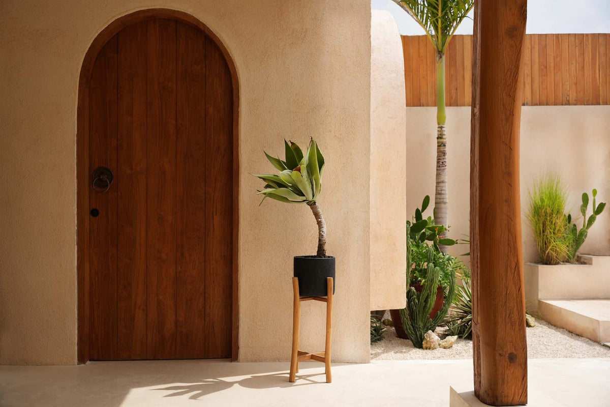 Plantenstandaard teakhout met pot terracotta, zwart naturel, 30 x 30 x 68 cm, voor droogbloemen