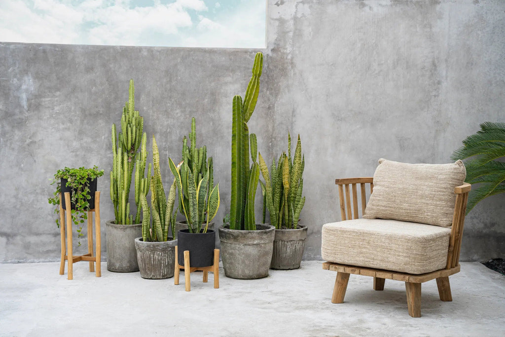 Bloempot terracotta met teakhouten standaard, zwart naturel, 28 x 28 x 36 cm, voor droogbloemen