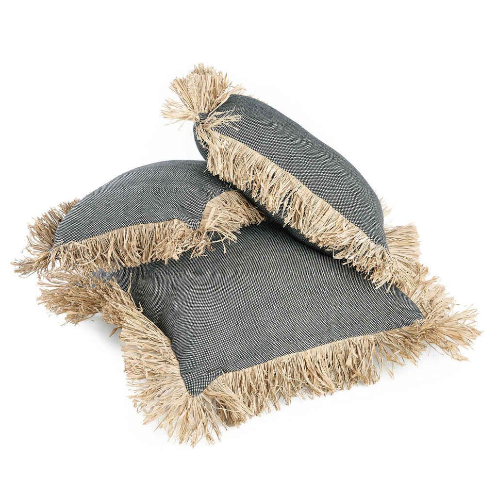 Kussenhoes katoen met raffia franjes, Cotton Bonita, natuurlijk zwart, 30 x 50 cm, woonkamer
