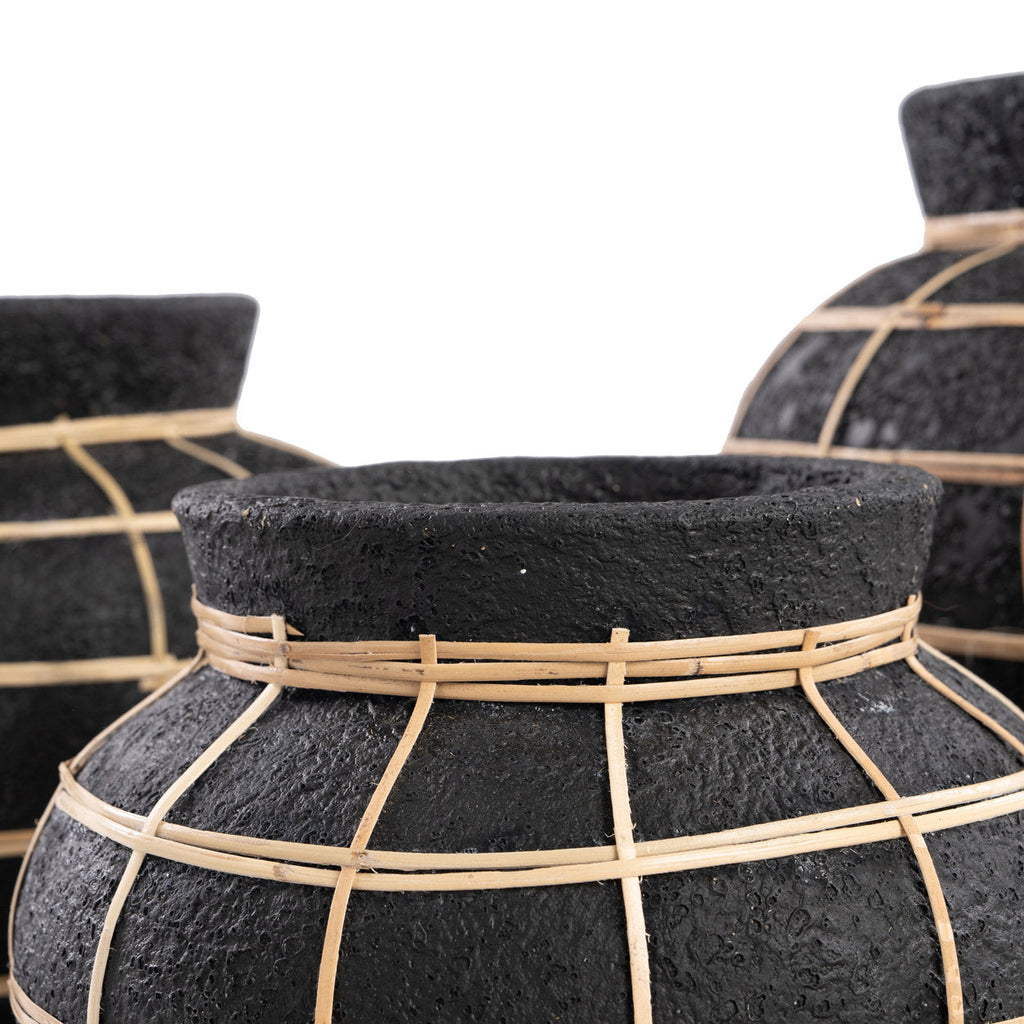 Vaas terracotta met rotan, boho, zwart naturel, H 27 x B 33 x L 33 cm, voor droogbloemen