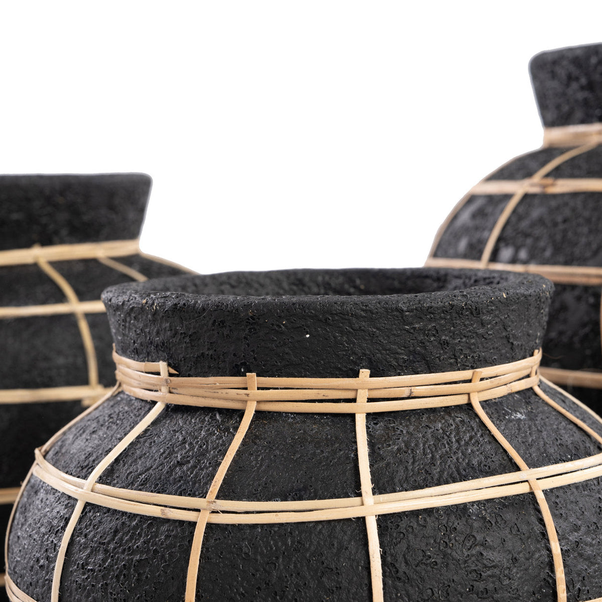 Vaas terracotta met rotan, boho, zwart naturel, H 27 x B 33 x L 33 cm, voor droogbloemen