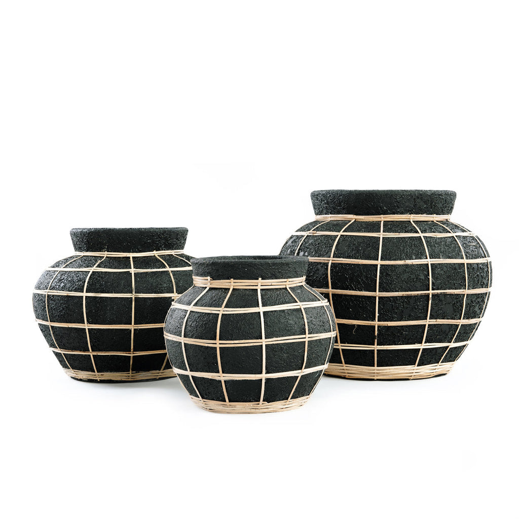 Vaas terracotta rotan De Buikvaas, zwart naturel, Ø 29 x 23 cm, voor droogbloemen