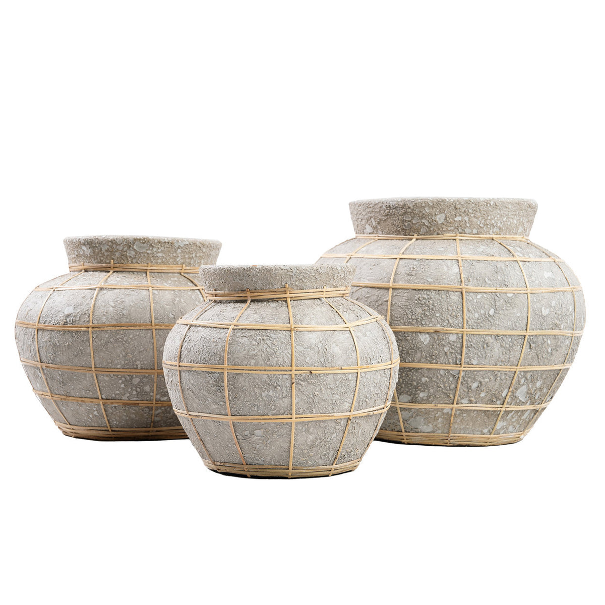 Vaas terracotta met rotan, buikvaas natuurlijk beton, 33 x 33 x 27 cm, voor droogbloemen