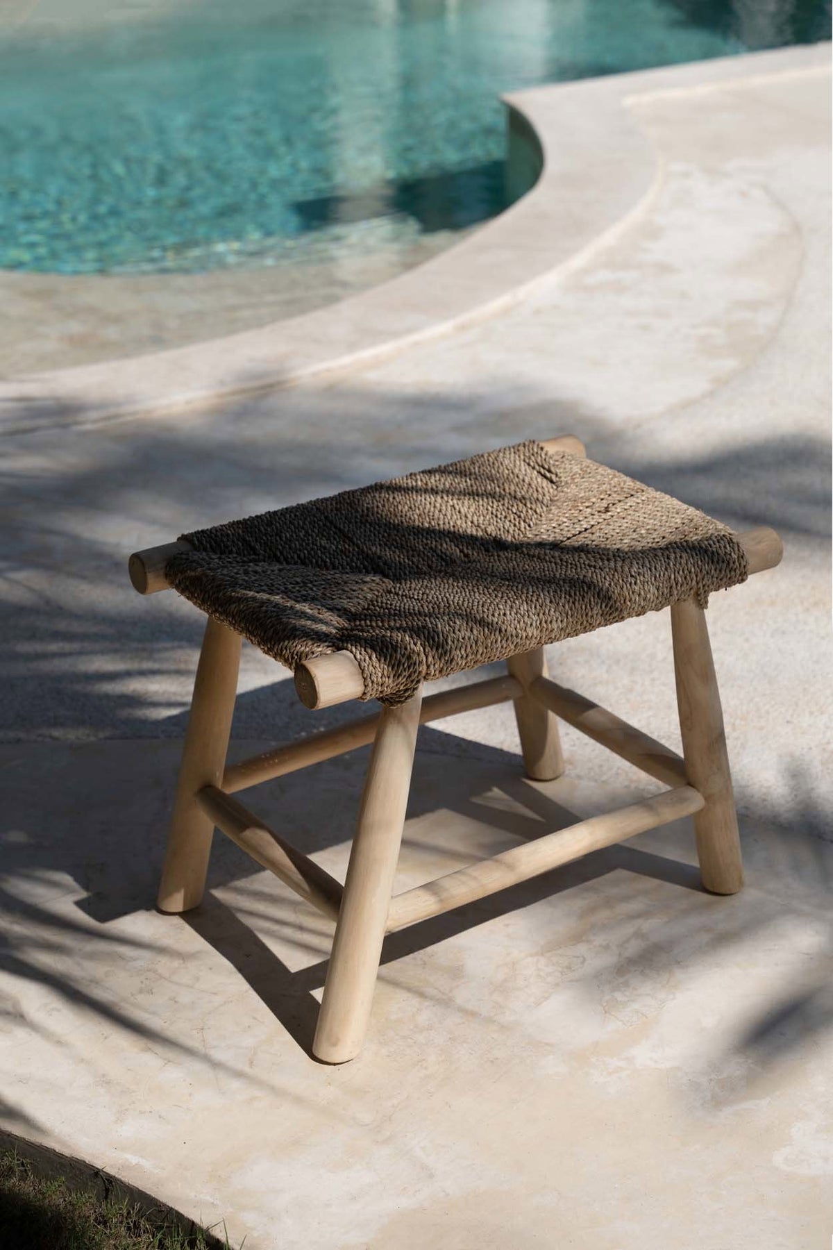 Kruk teakhout en zeegras naturel Porto, boho bijzetkruk 60 x 40 x 45 cm