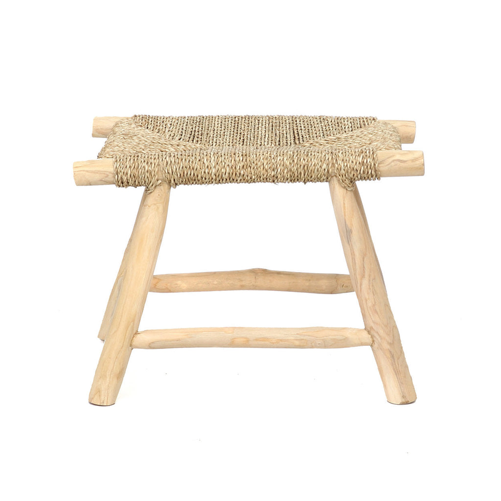 Kruk teakhout en zeegras naturel Porto, boho bijzetkruk 60 x 40 x 45 cm