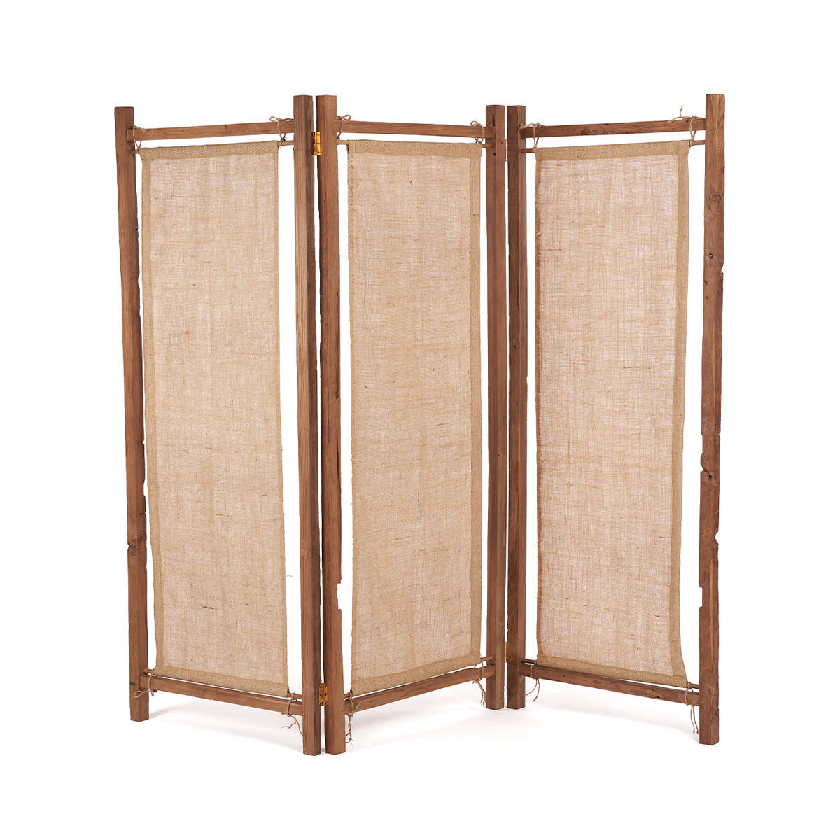 Driedelige kamerverdeler met houten teakframe en naturel jute panelen