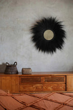 Spiegel Rayung-gras Simba zwart, boho wandspiegel Ø 100 cm voor woonkamer, hal en slaapkamer