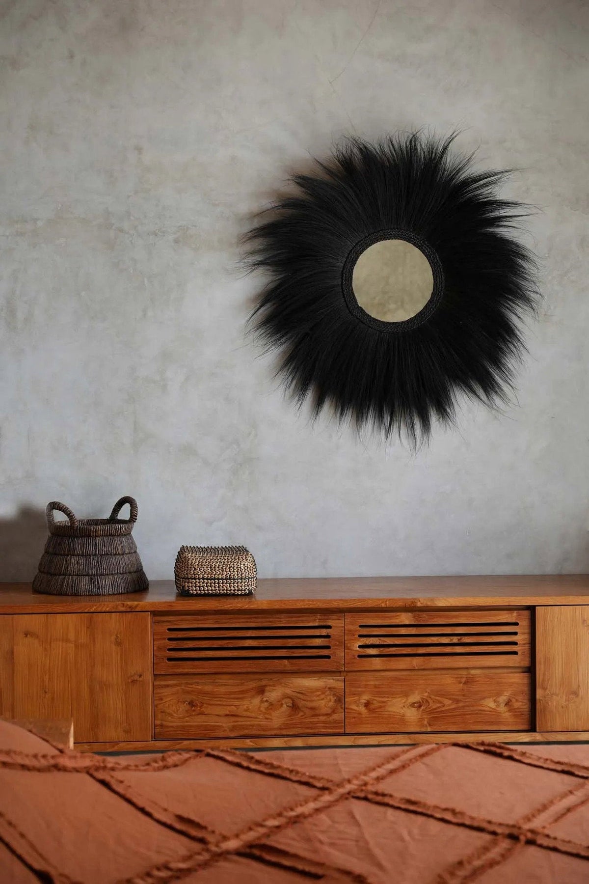 Spiegel Rayung-gras Simba zwart, boho wandspiegel Ø 100 cm voor woonkamer, hal en slaapkamer