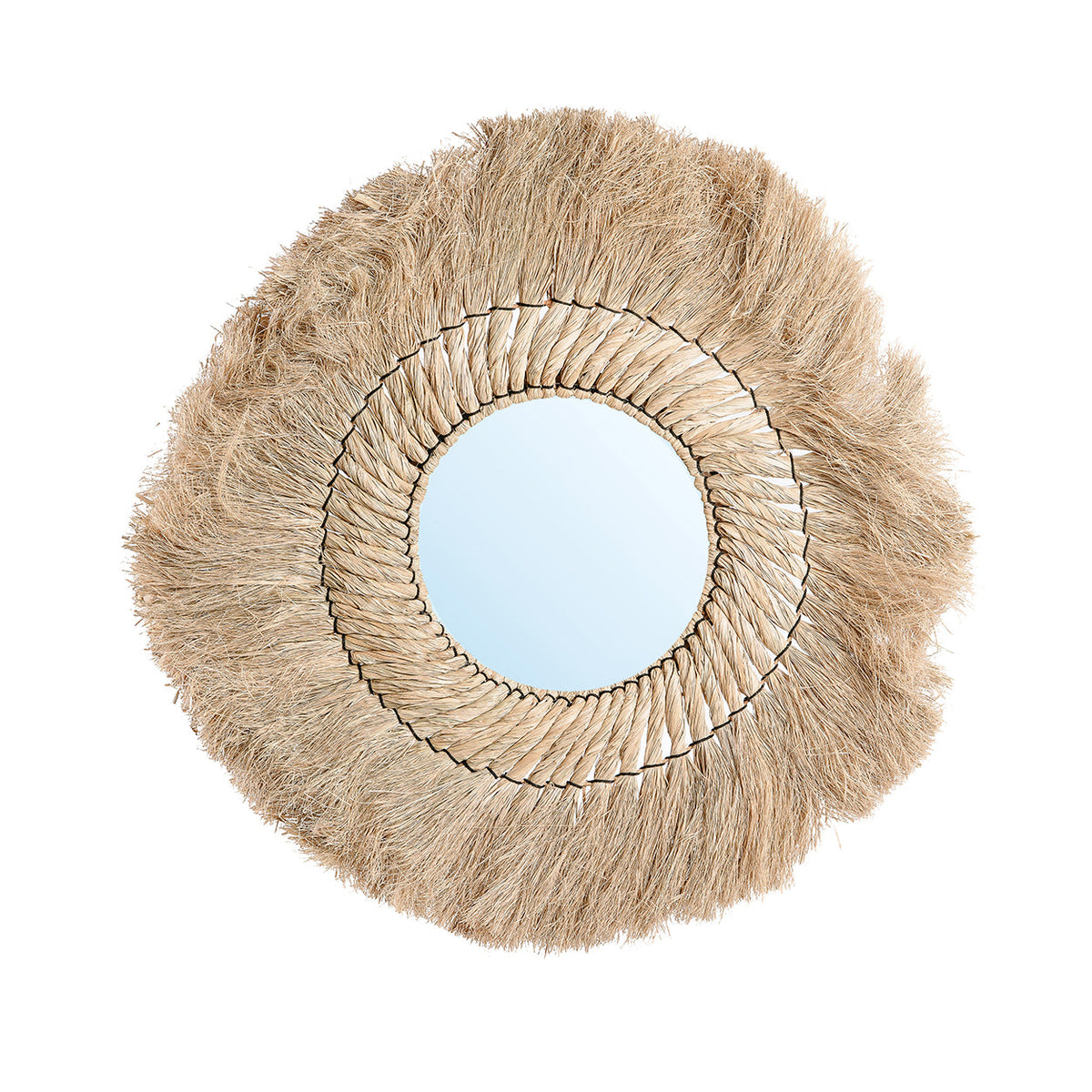 Ronde spiegel met naturel grasframe, gevlochten ring en franjerand van grasvezels