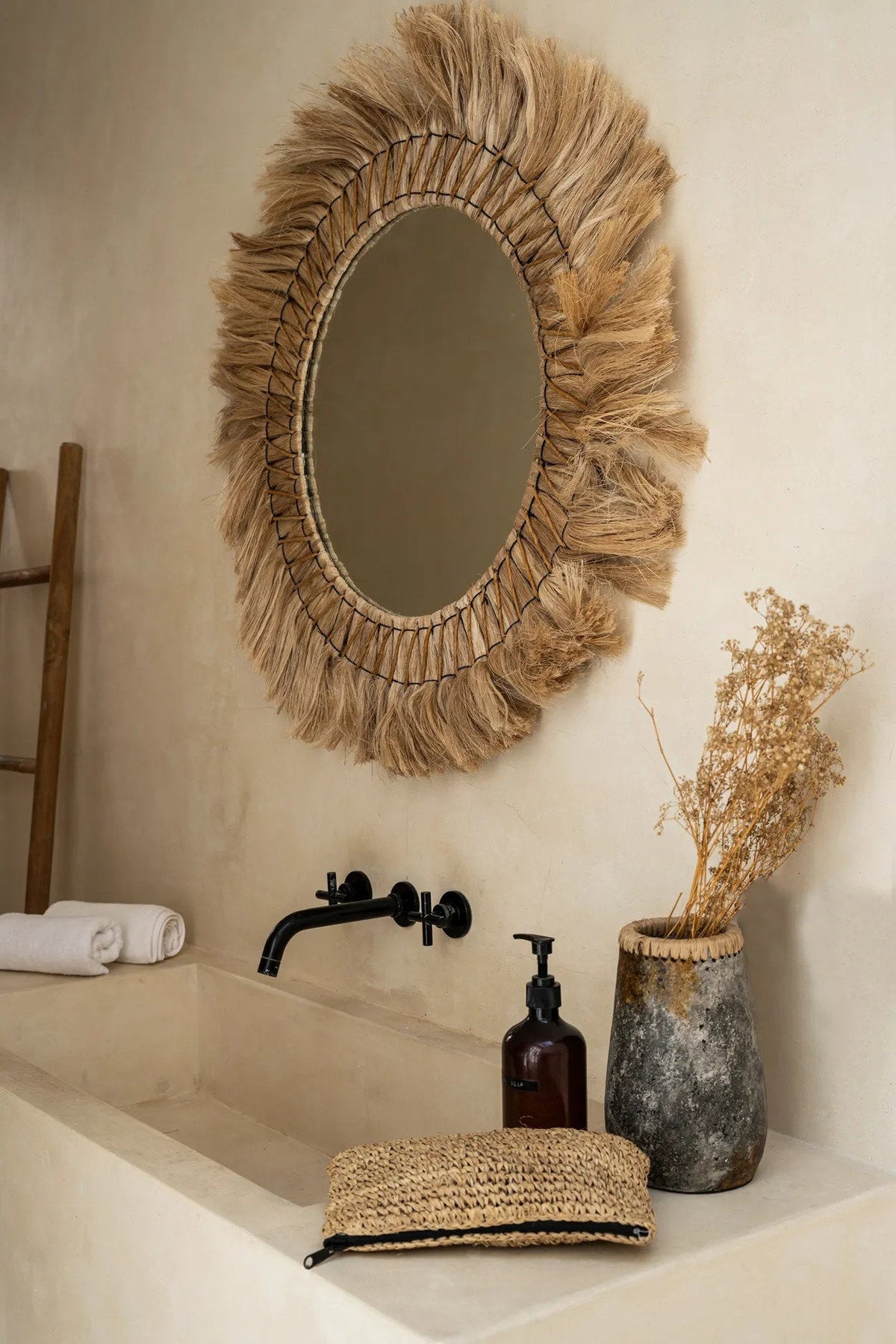 Spiegel gras naturel Pretty Blonde, rond met franjerand, 90 x 90 cm, voor hal, dressing of slaapkamer