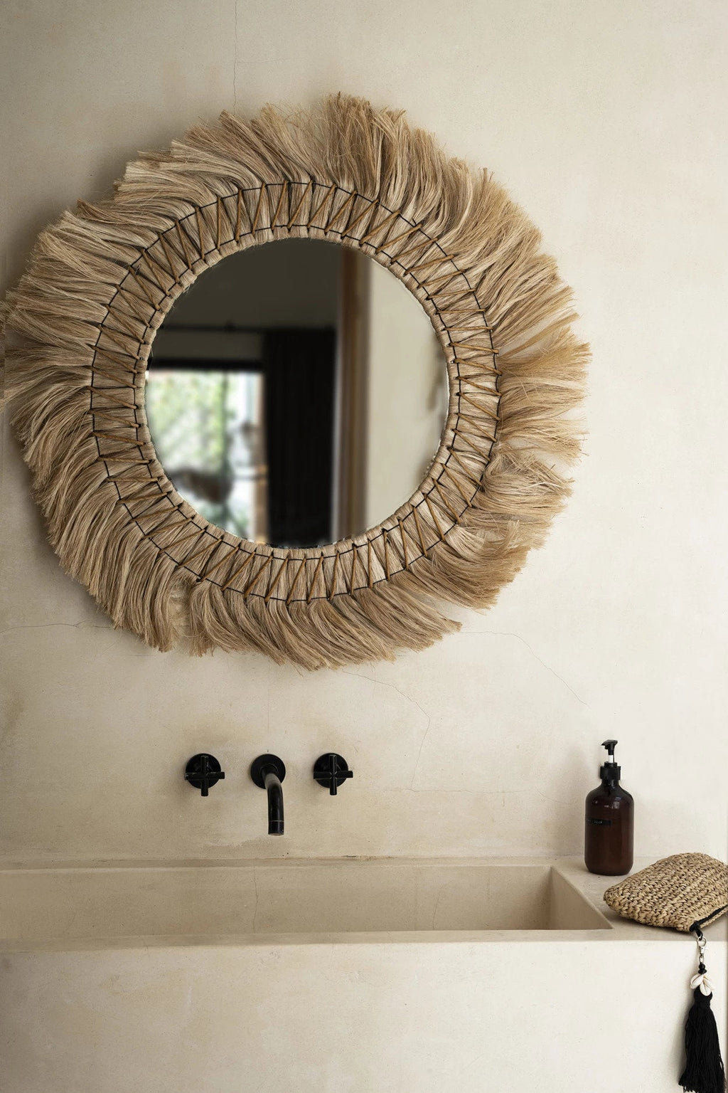 Spiegel gras naturel Pretty Blonde, rond met franjerand, 90 x 90 cm, voor hal, dressing of slaapkamer