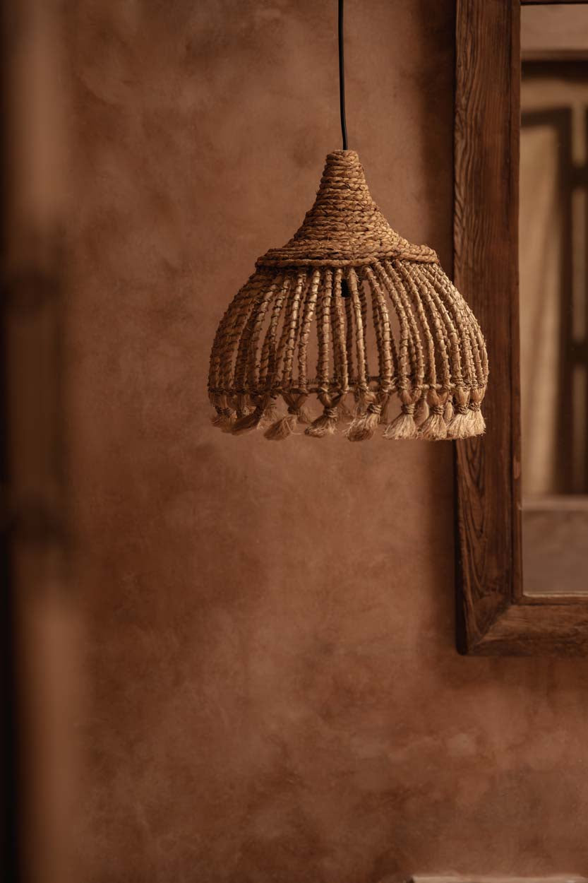Hanglamp abacagras boho Abaca Tassel naturel Ø 31 cm, handgemaakt met franjes