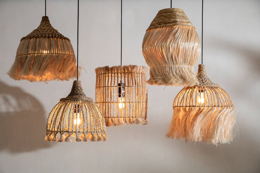 Hanglamp abacagras boho Abaca Tassel naturel Ø 31 cm, handgemaakt met franjes