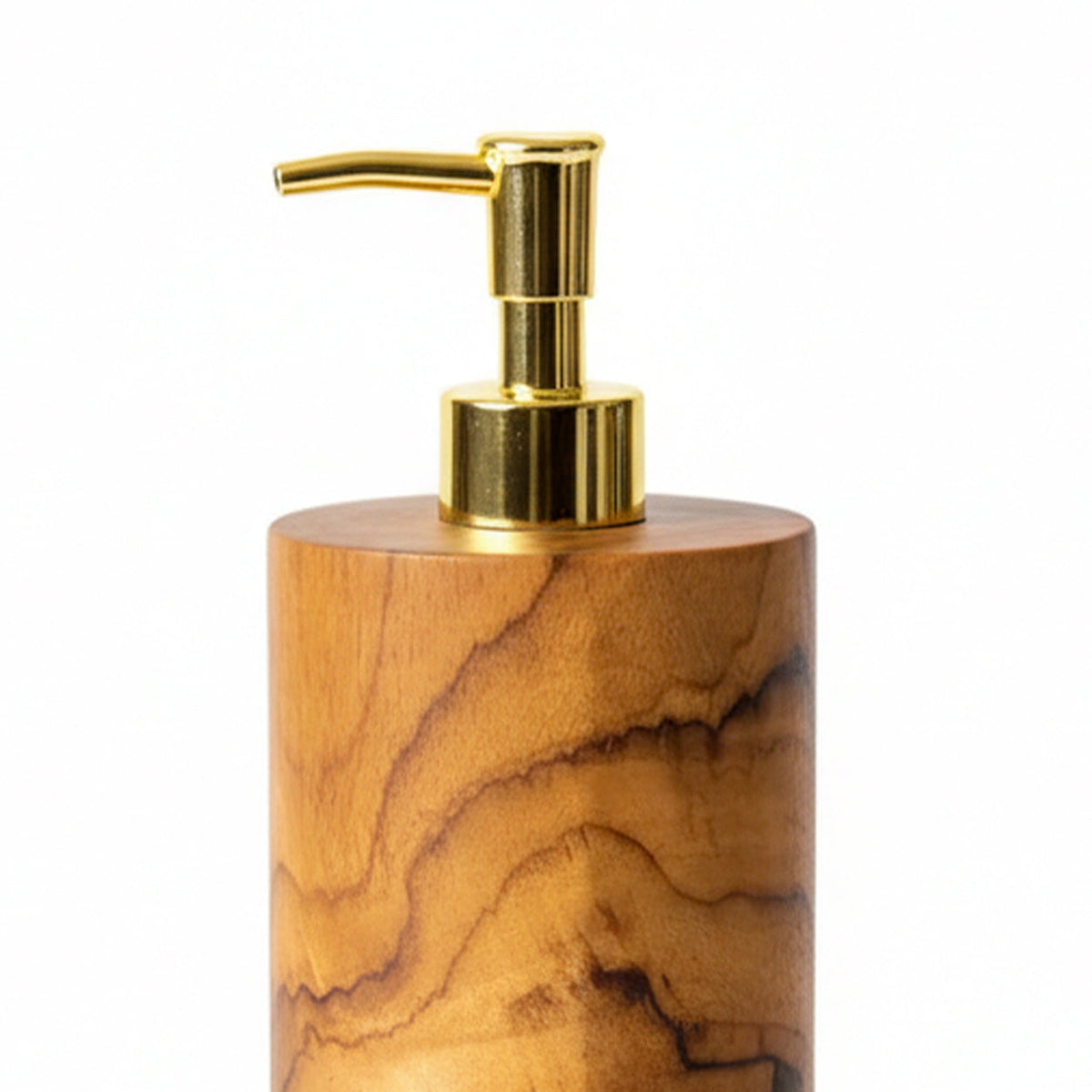 Zeepdispenser teakhout naturel, handgemaakt met gouden pomp, 7 x 7 x 20 cm voor badkamer en keuken