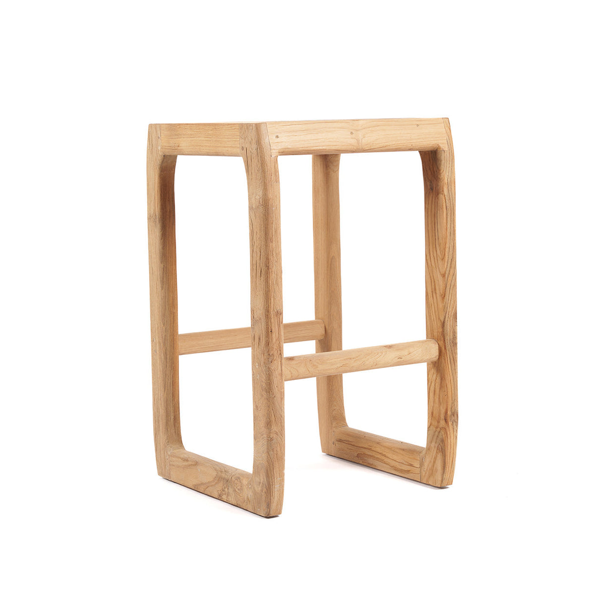 Houten barkruk van gerecycled teakhout met open frame en ronde voetensteunen, naturel van kleur
