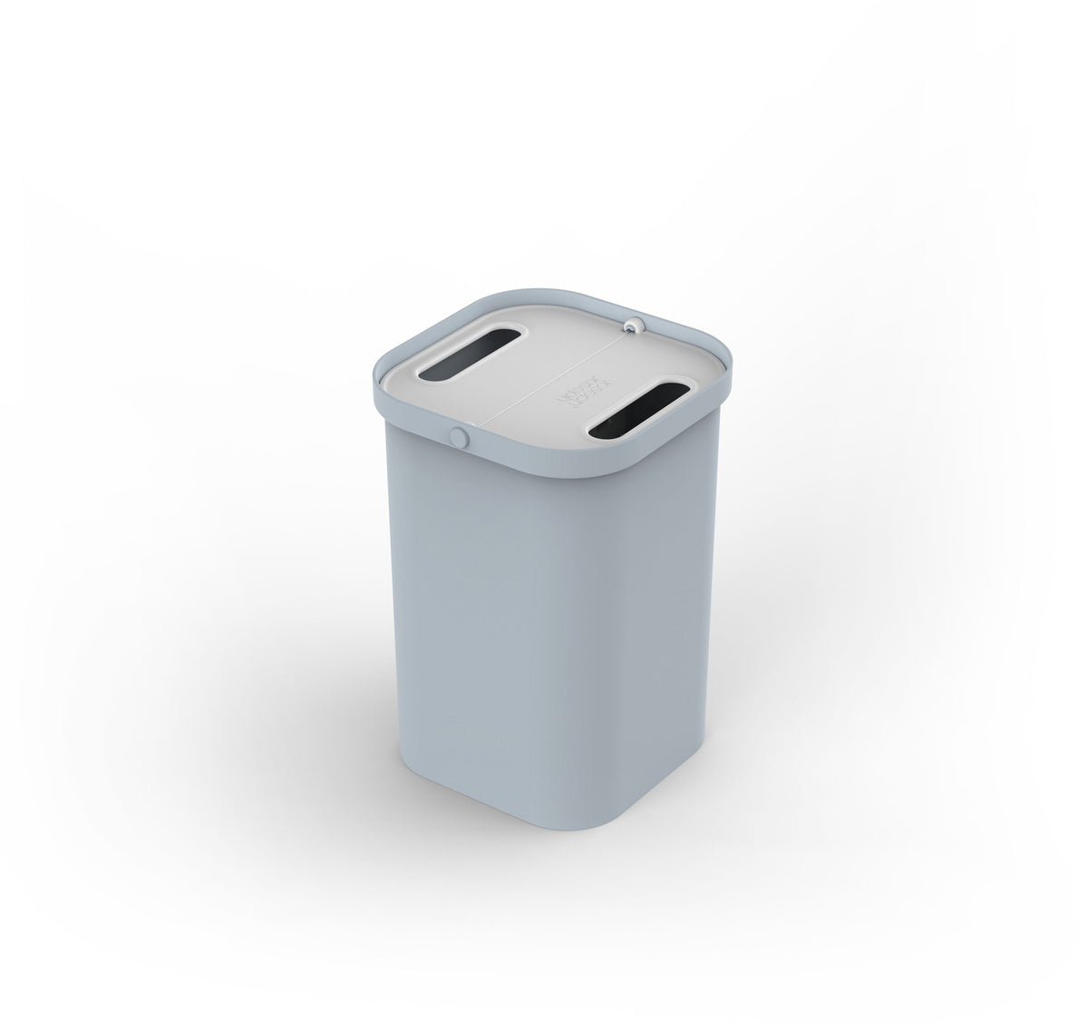 Blauwe recycleprullenbak met lichtgrijs dubbel klepdeksel en twee handgreepgaten