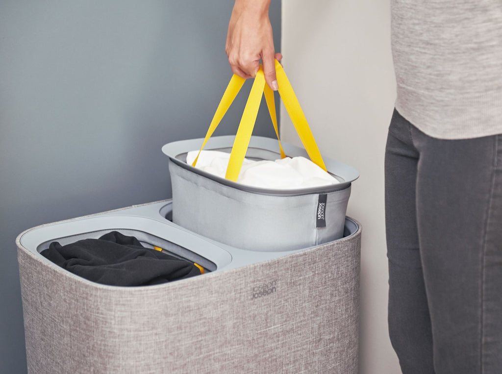 Wasmand met 2 uitneembare stoffen zakken, grijs, 2 x 45 liter (90 liter), model Tota, voor badkamer en slaapkamer