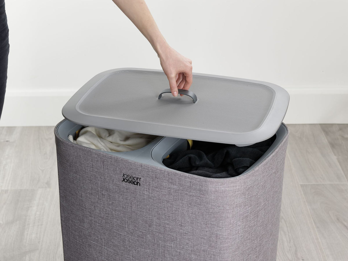 Wasmand met 2 uitneembare stoffen zakken, grijs, 2 x 45 liter (90 liter), model Tota, voor badkamer en slaapkamer