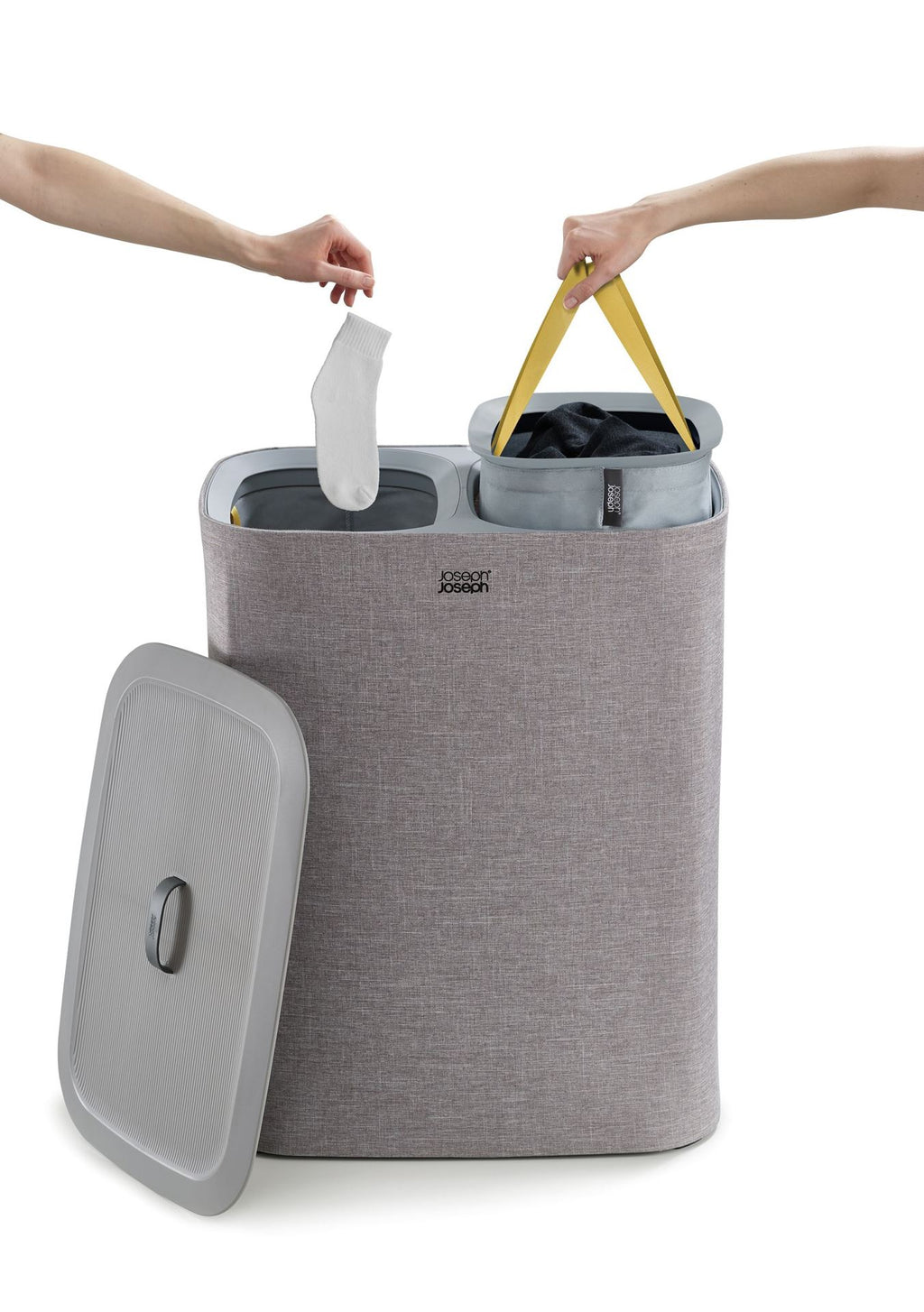 Wasmand met 2 uitneembare stoffen zakken, grijs, 2 x 45 liter (90 liter), model Tota, voor badkamer en slaapkamer