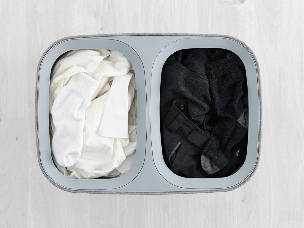 Wasmand met 2 uitneembare stoffen zakken, grijs, 2 x 45 liter (90 liter), model Tota, voor badkamer en slaapkamer