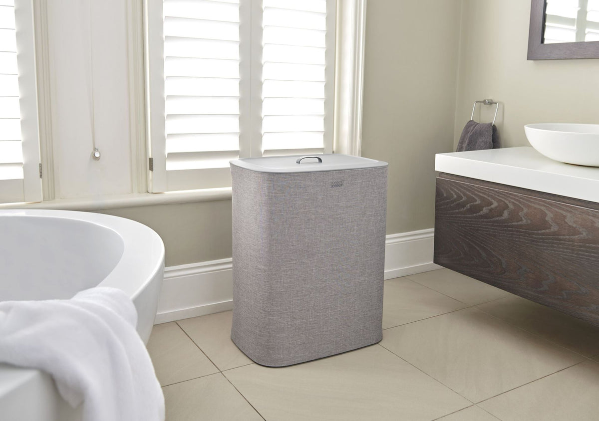 Wasmand met 2 uitneembare stoffen zakken, grijs, 2 x 45 liter (90 liter), model Tota, voor badkamer en slaapkamer