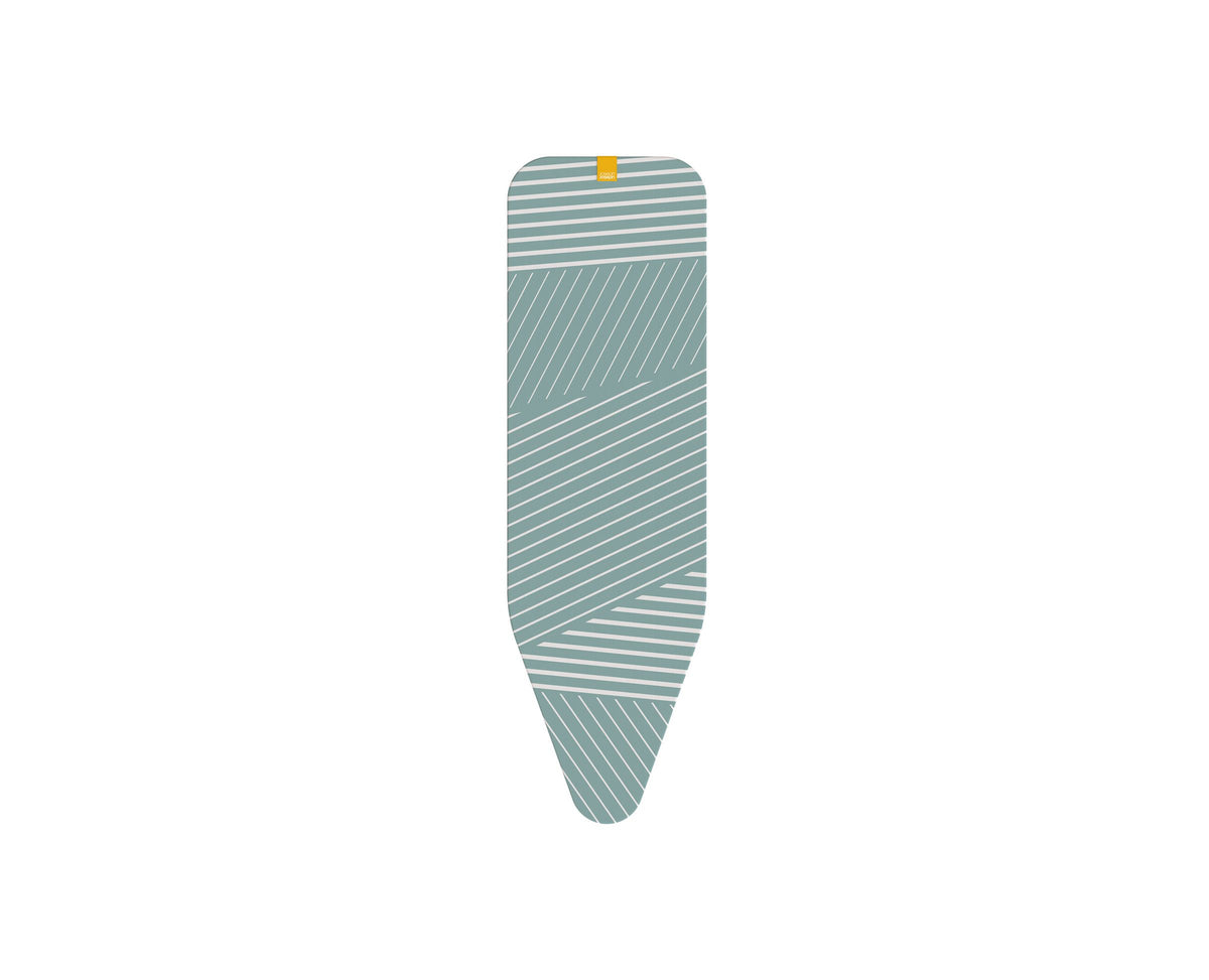 Strijkplankhoes met grijsgroene achtergrond en witte diagonale strepen, bovenaanzicht op witte achtergrond