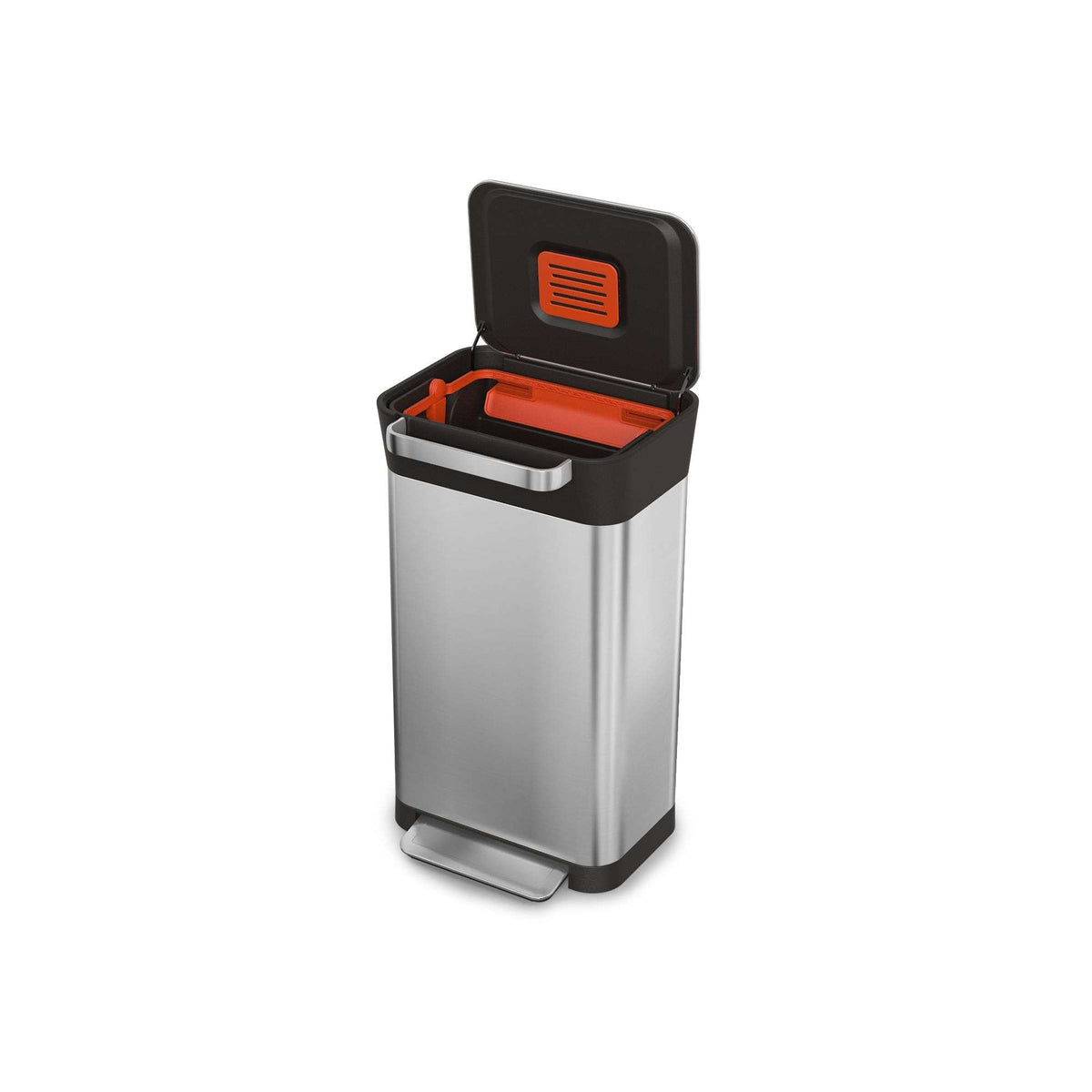 Zilverkleurige RVS prullenbak met zwarte rand, geopend deksel en oranje afvalcompressor, met pedaal onderaan