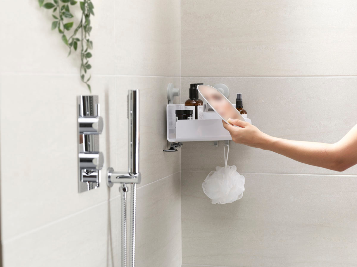 Doucherek met spiegel wit, met zuignappen en afwateringsgat, verstelbare breukvaste spiegel voor de badkamer