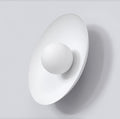 Witte wandlamp met ovale rugplaat en ronde witte bol aan een lichtgrijze wand