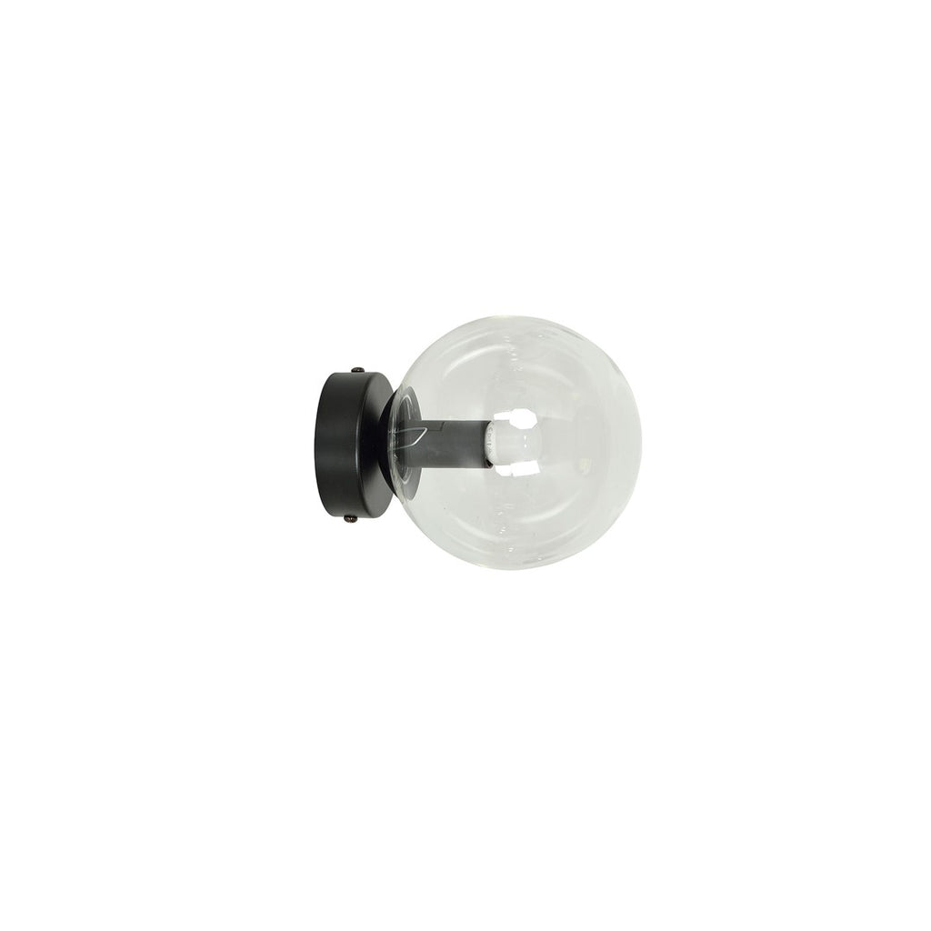 Zwarte wandlamp met ronde transparante glazen kap en zichtbare lamp op een ronde zwarte wandplaat