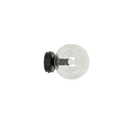 Zwarte wandlamp met ronde transparante glazen kap en zichtbare lamp op een ronde zwarte wandplaat
