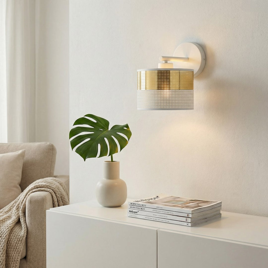Wandlamp gepoedercoat staal Lux modern, wit met gouden stoffen kap Ø 20 cm, 1 x E27
