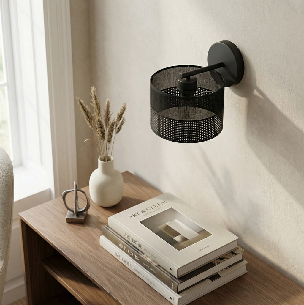 Wandlamp zwart gepoedercoat staal met stoffen kap, minimalistisch Karbon, kap Ø 20 cm, E27 fitting