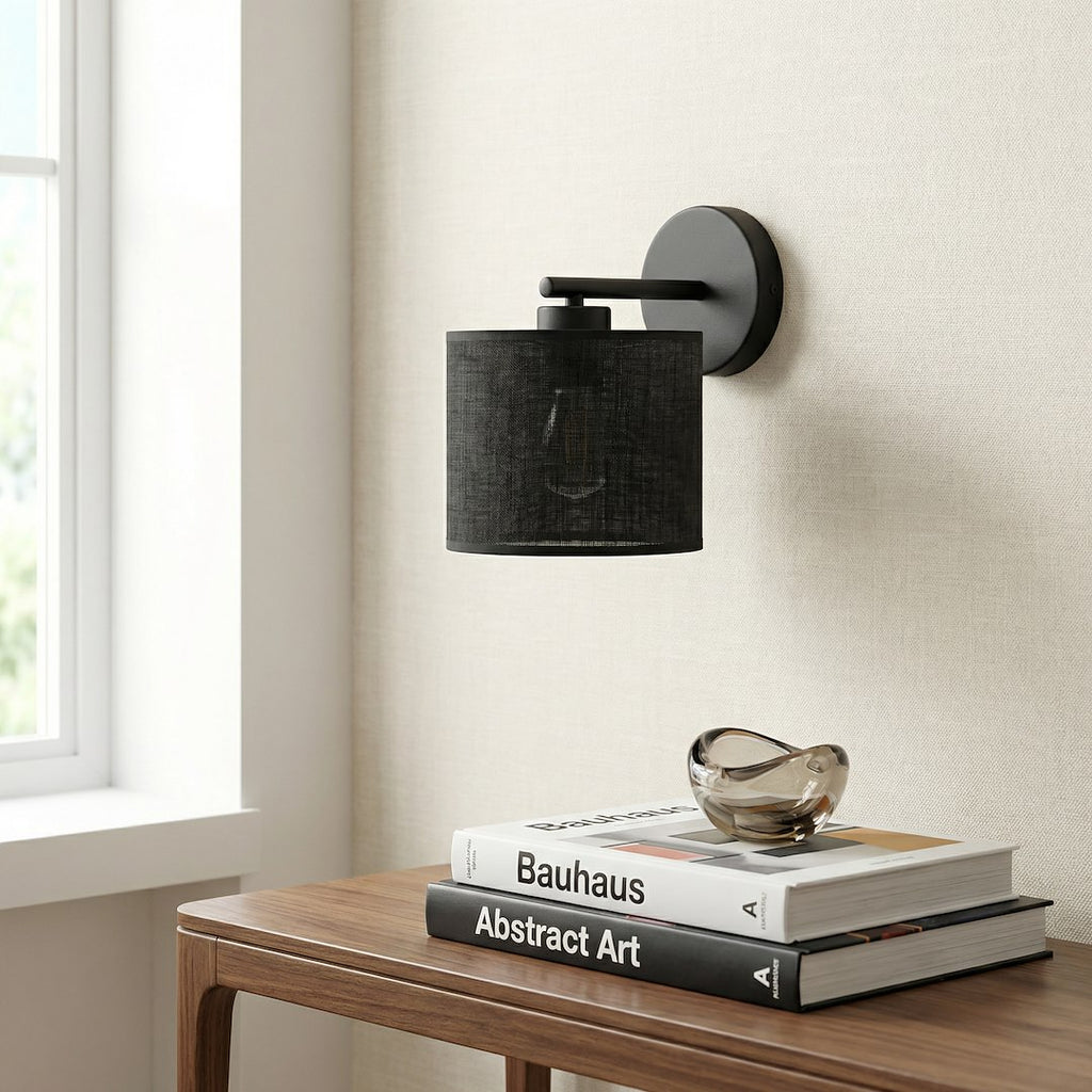 Wandlamp gepoedercoat staal met stoffen kap, minimalistisch, zwart, kap Ø 20 cm, E27, voor gang en slaapkamer
