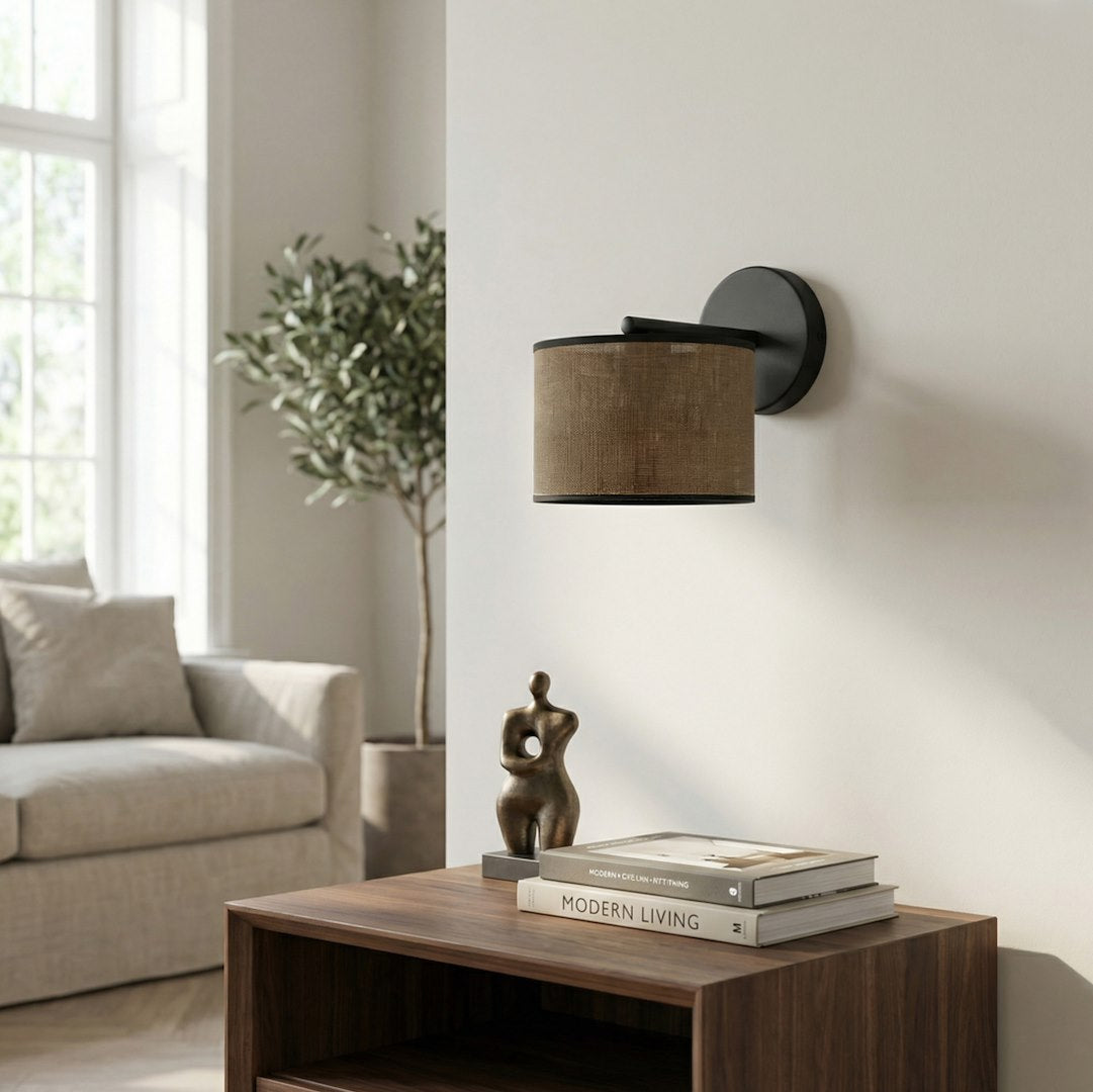 Wandlamp stof en gepoedercoat staal, minimalistisch, bruin met zwart, kap Ø 20 cm, 1 lichtpunt, E27