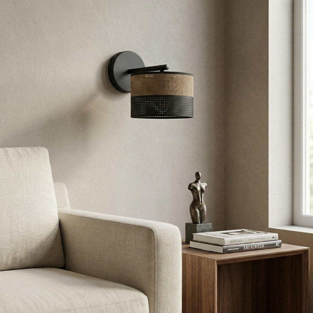 Wandlamp gepoedercoat staal minimalistisch Karbon zwart met bruine stoffen kap Ø 20 cm, 1 fitting E27