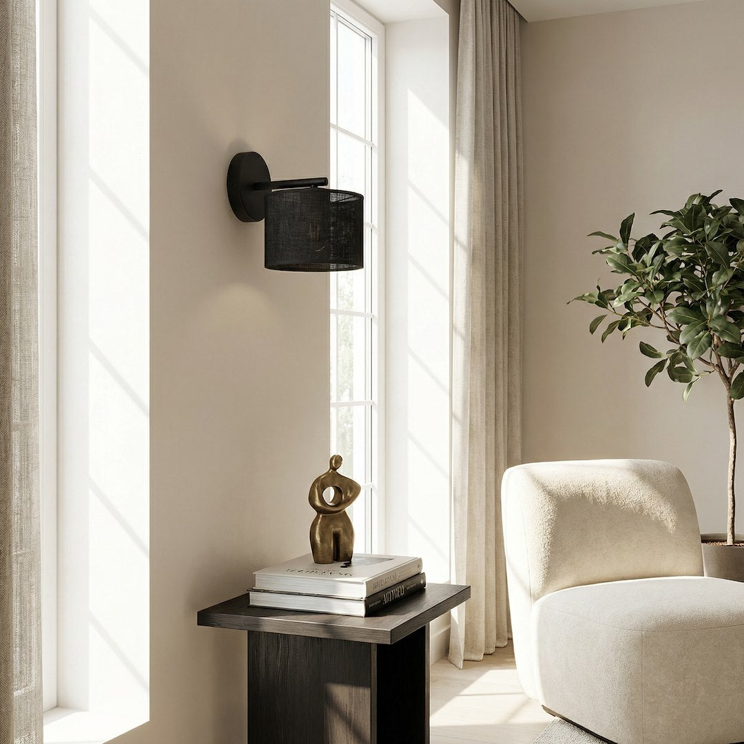 Wandlamp gepoedercoat staal met stoffen kap, minimalistisch, zwart, kap Ø 20 cm, E27, voor gang en slaapkamer