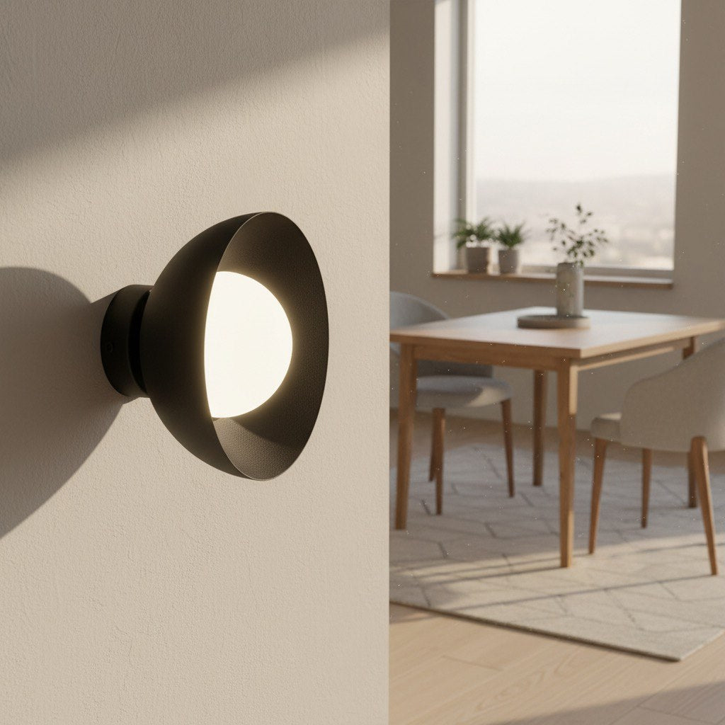 Wandlamp gepoedercoat staal minimalistisch Bibi K1 zwart met witte kap, G9 fitting