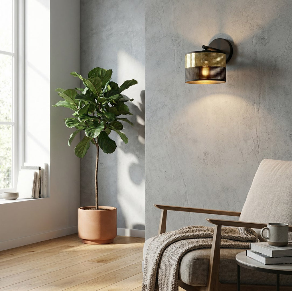 Wandlamp gepoedercoat staal modern Lux, zwart met goud, stoffen kap Ø 20 cm, E27