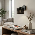 Wandlamp zwart gepoedercoat staal met stoffen kap, minimalistisch Karbon, kap Ø 20 cm, E27 fitting