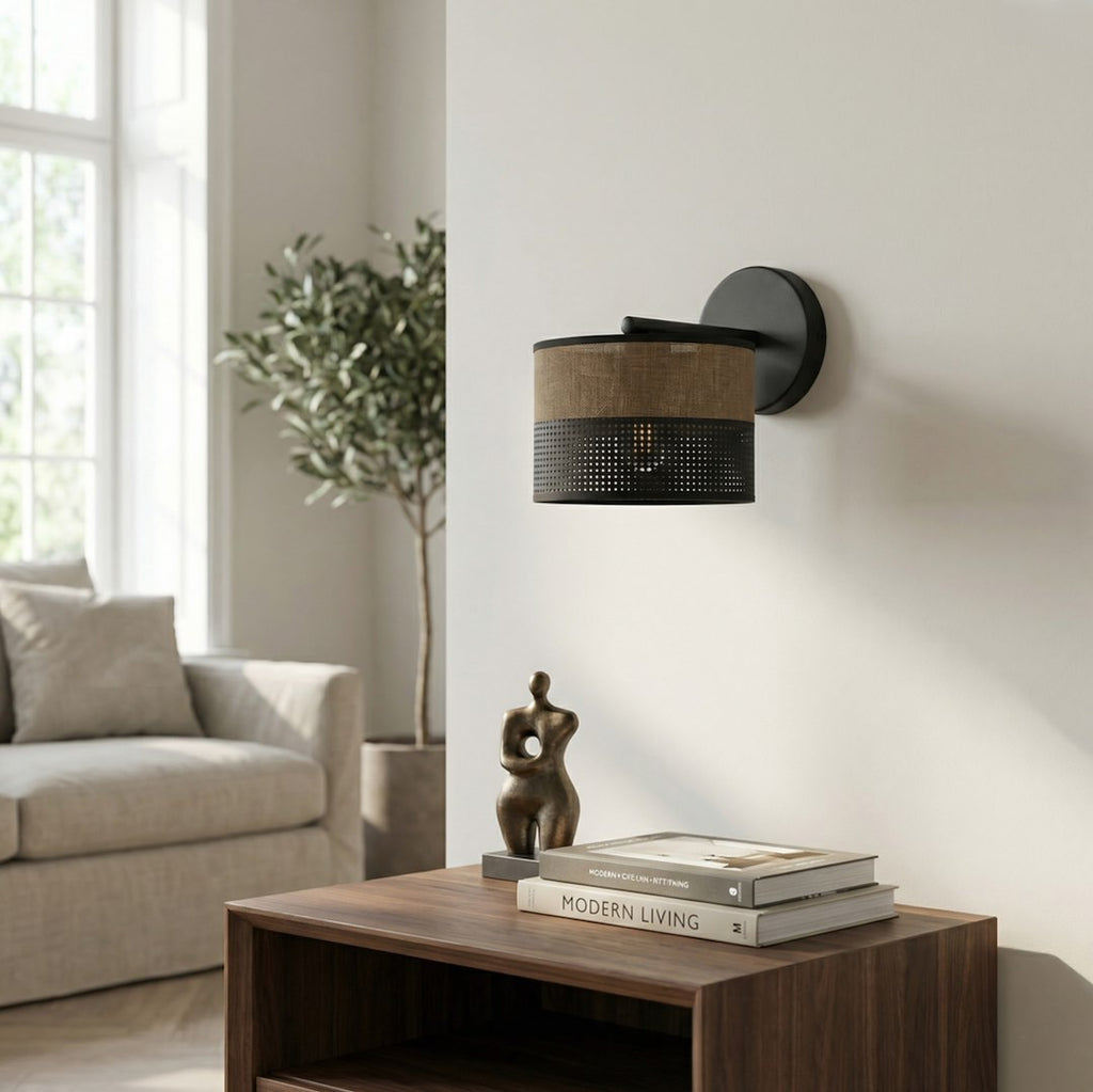 Wandlamp gepoedercoat staal minimalistisch Karbon zwart met bruine stoffen kap Ø 20 cm, 1 fitting E27
