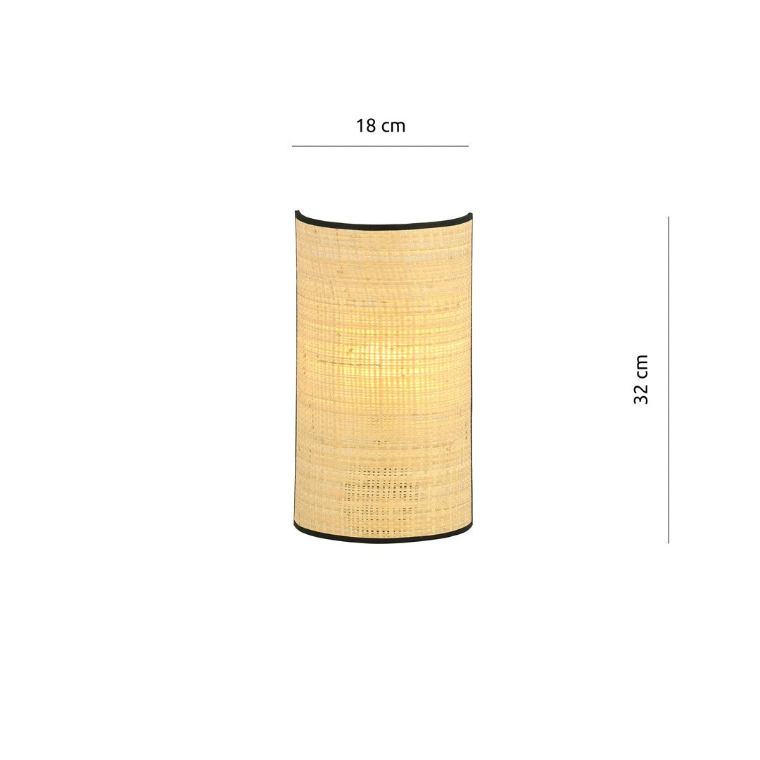Wandlamp rotan en gepoedercoat staal, boho, Aston, naturel met zwarte rand, 18 x 32 cm, E14