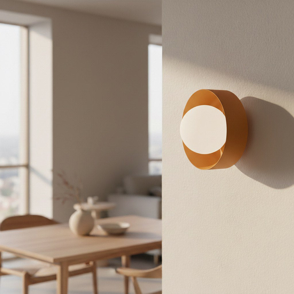 Wandlamp gepoedercoat staal minimalistisch Lulu K1 oranje met witte kap Ø 10 cm, voor hal en slaapkamer